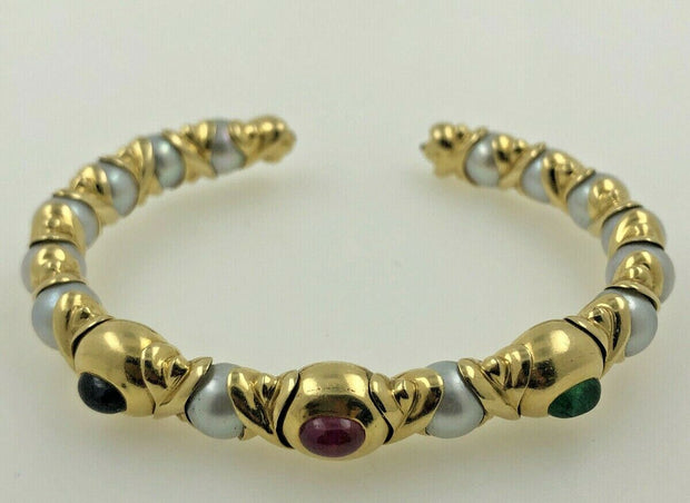 18K Yellow Gold Cuff Pearls With Color Stones Bracelet