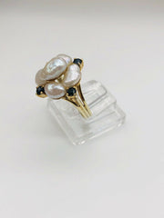 14k Yellow Gold Baroque Pearls - Sapphire Ladies Ring