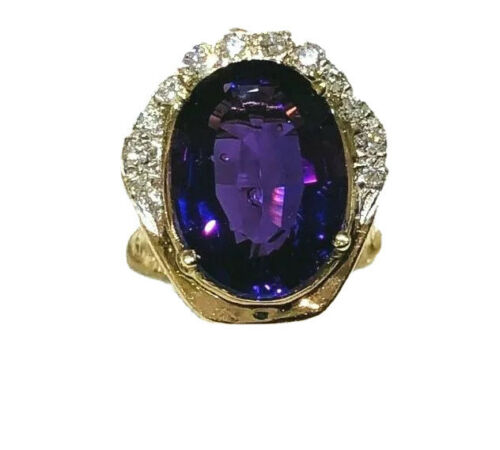 14K Yellow Gold Cocktail Amethyst Diamond Ring
