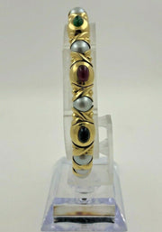 18K Yellow Gold Cuff Pearls With Color Stones Bracelet