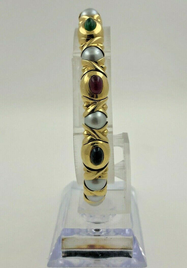 18K Yellow Gold Cuff Pearls With Color Stones Bracelet