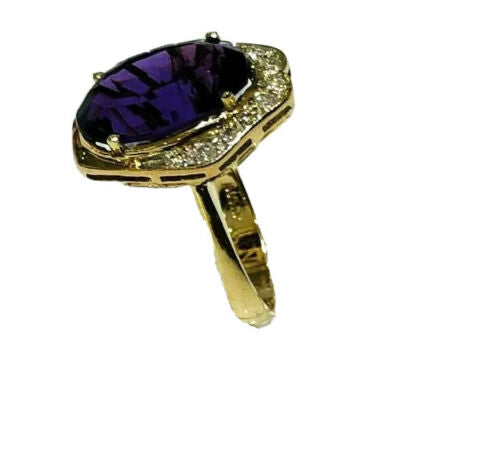 14K Yellow Gold Cocktail Amethyst Diamond Ring