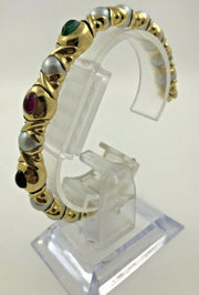 18K Yellow Gold Cuff Pearls With Color Stones Bracelet