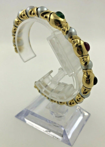 18K Yellow Gold Cuff Pearls With Color Stones Bracelet