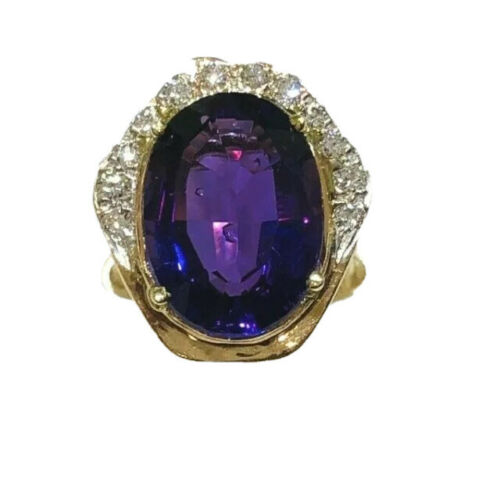 14K Yellow Gold Cocktail Amethyst Diamond Ring