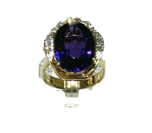 14K Yellow Gold Cocktail Amethyst Diamond Ring