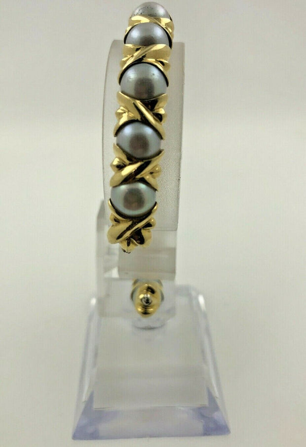 18K Yellow Gold Cuff Pearls With Color Stones Bracelet