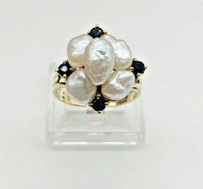 14k Yellow Gold Baroque Pearls - Sapphire Ladies Ring
